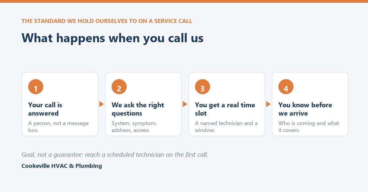 A dispatch flow showing a Cookeville service call moving from ring to scheduled technician within the hour.