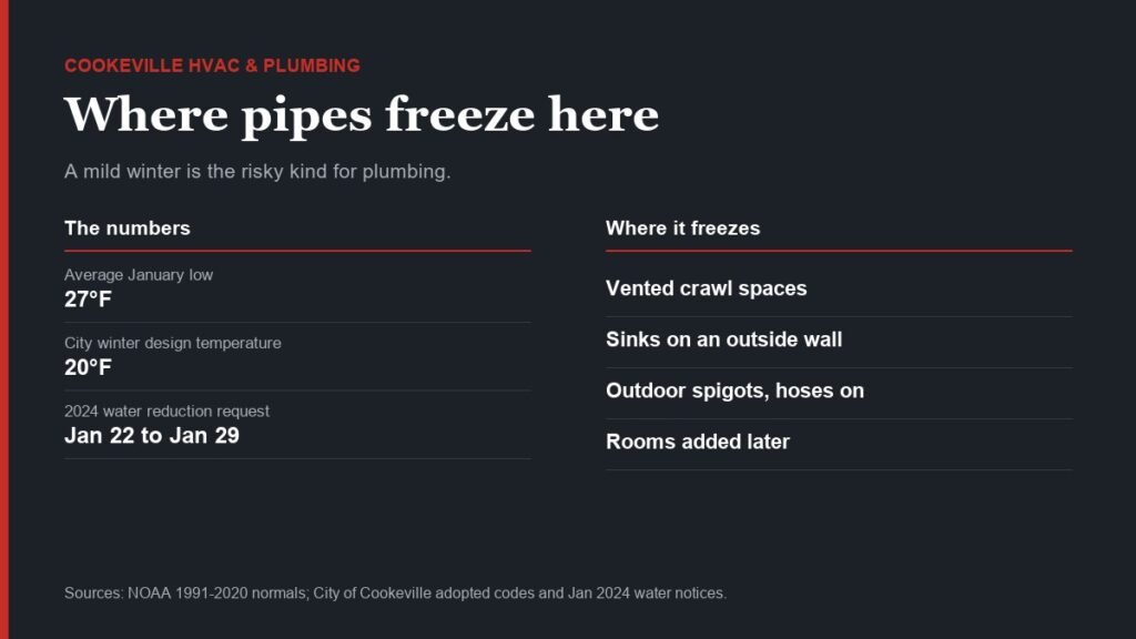 Cookeville HVAC and Plumbing graphic: where pipes freeze in Upper Cumberland homes. Cookeville average January low 27°F, city winter design temperature 20°F, January 2024 water reduction request ran January 22 to 29