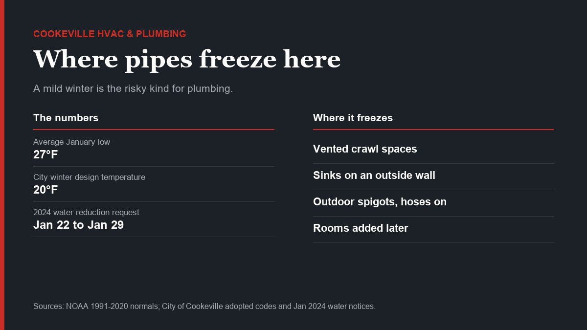 Cookeville HVAC and Plumbing graphic: where pipes freeze in Upper Cumberland homes. Cookeville average January low 27°F, city winter design temperature 20°F, January 2024 water reduction request ran January 22 to 29